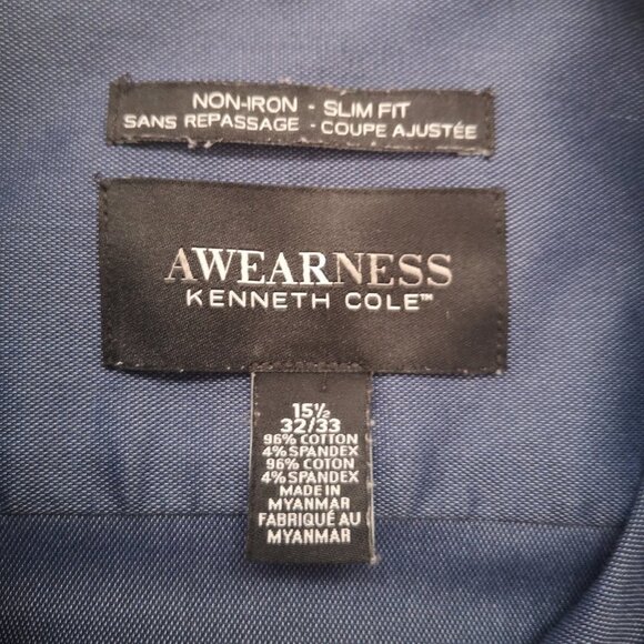 Awearness Kenneth Cole Men's Size 15 1/2 Blue Slim Fit Dress Shirt - Picture 3 of 11